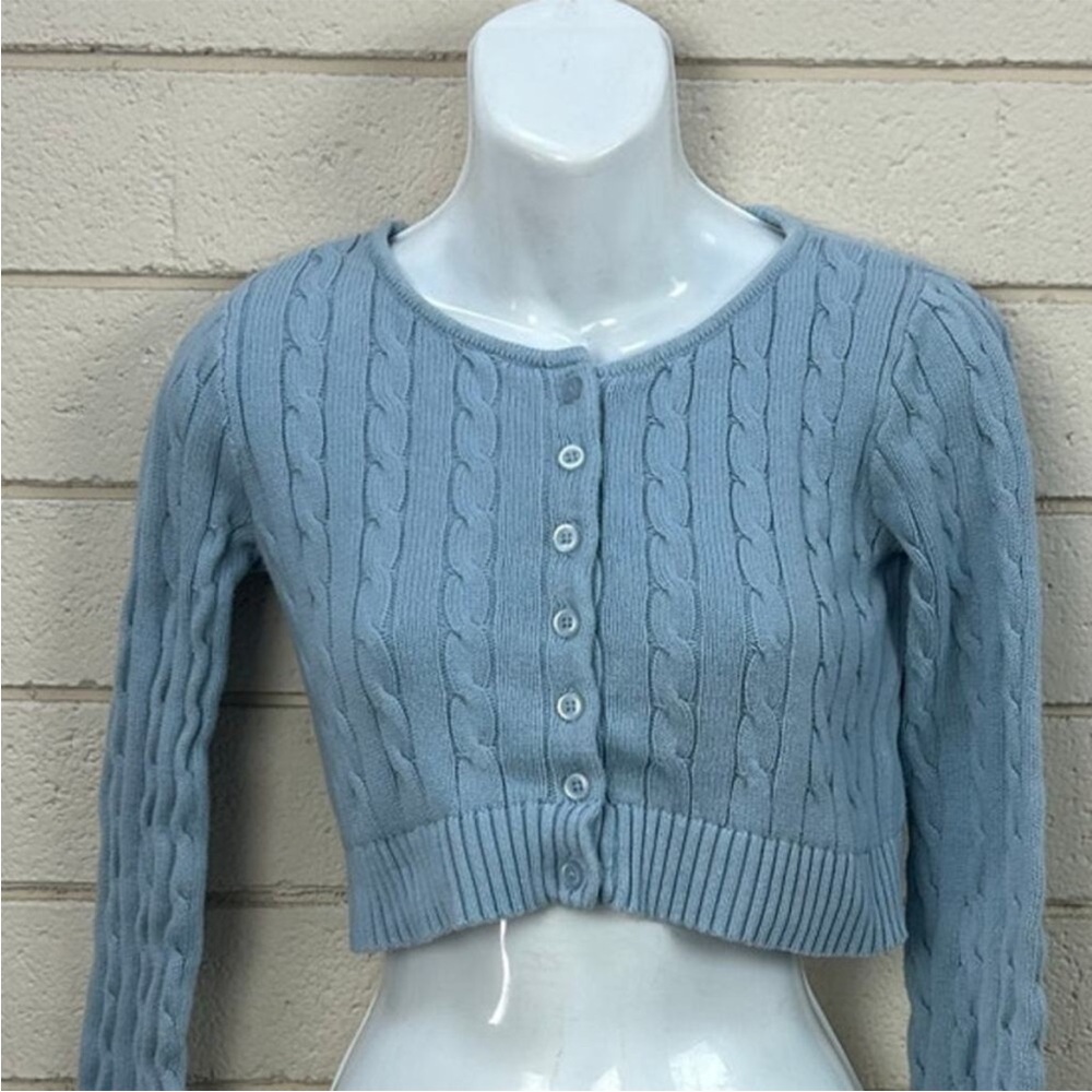 John Galt Brandy Melville Light Blue Cable Knit Cropped sweater - Picture 3 of 7